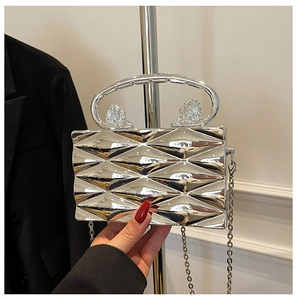Detail of silver geometric clutch with lion head relief and metallic handle