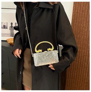 Chic silver acrylic clutch featuring vintage gold double dragon handles and chain strap