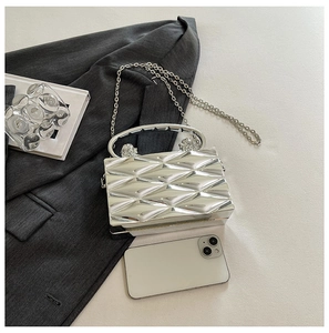 Detailed view of silver metallic box bag with lion head hardware and chain strap
