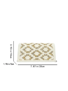 Detailed size chart showing dimensions 20cm x 10cm x 5cm for the beaded pearl evening clutch