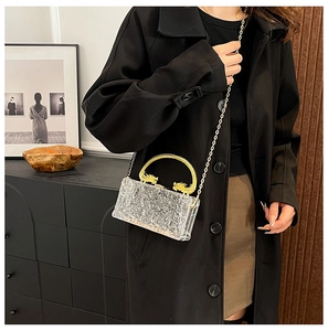 Close-up of a clear acrylic clutch featuring elegant golden dragon-shaped metal handles