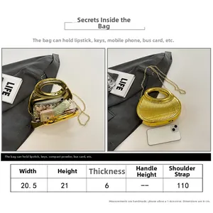 Size chart for golden ruched shell bag with 20.5x21x6cm dimensions and gold chain