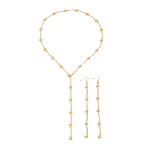 Golden Y-necklace and long drop earring jewelry set with uniform CCB beads on chains