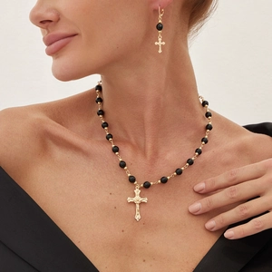 Parure collier et boucles d'oreilles croix gothique punk avec perles noires pour femme