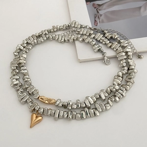 Mens 2-piece layered CCB necklace set with irregular silver beads and gold heart pendant