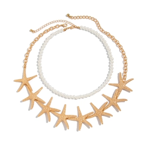Summer ocean starfish multi-layer necklace with imitation pearls and gold star pendants
