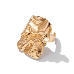 Irregular pleated gold ring with a modern liquid metal texture and adjustable open band