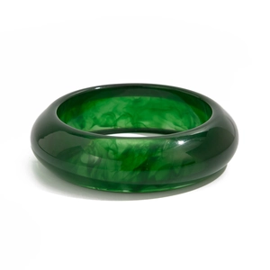 Polished emerald green resin bangle with white marble texture and translucent finish