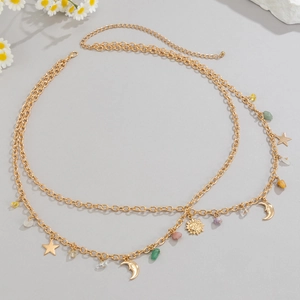 Bohemian gold waist chain with celestial pendants and multi-color irregular gravel stones