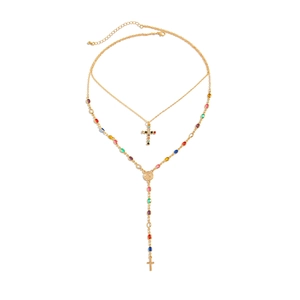 Collana a strati dorata con pendente a croce in cristallo colorato stile hip-hop
