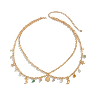 Double-layered golden waist chain featuring colorful crushed stones and celestial charms