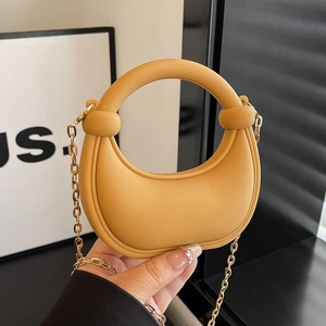 Women Mini Crescent Handbag Acrylic Half Moon Crossbody Bag With Circular Handle Knot Detail Golden Chain Strap Party Bag