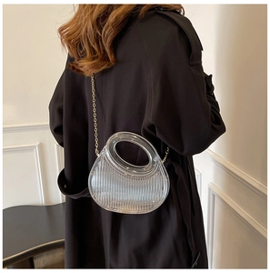 Detailed view of clear acrylic handbag with vertical texture and gold chain on black coat