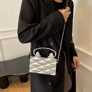 Silver metallic box bag with quilted texture and lion head relief detail on a chain strap