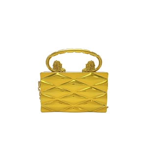 Golden luxury metal box bag featuring 3D diamond texture and lion head handles