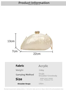 Detail of shell-shaped acrylic evening bag with dimensions 22x13x7cm and 0.46kg weight