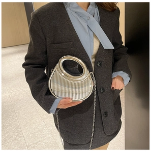 Close-up of a silver semi-circular pleated handbag with metal handle and chain strap