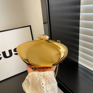 Women Acrylic Metallic Glossy Evening Clutch Bag Minimalist Oval Shape Dinner Bag With Chain Strap Banquet Party Handbag