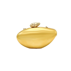 Luxury gold oval metal clutch bag with mirror finish and acrylic chain for evening