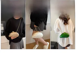 Three style variants of shell-shaped acrylic evening bags in champagne, pearl, and green