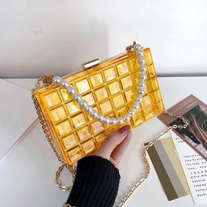 Sac de Soirée en Acrylique pour Femmes Poignée en Künstliche Perles Transparent Treillis Pochette Avec Chaîne Dorée pour Banquet Fête