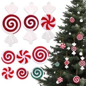 Close-up of red and white peppermint candy ornaments for Christmas tree DIY decoration