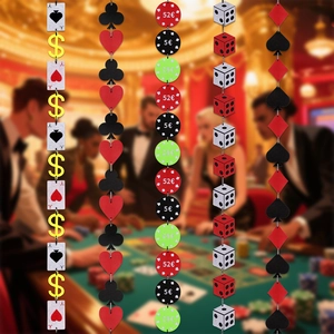 Vertical casino party banners featuring poker cards, chips, and dice on gambling background