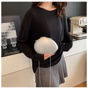 Sleek silver egg-shaped hard shell evening bag with fine metal chain strap details