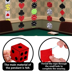 Detail of felt casino party garland showing dice and poker chips for game night decor