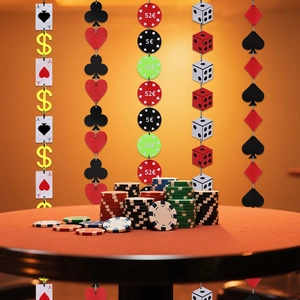 Vertical casino party banners with card suits, poker chips and dice decorations