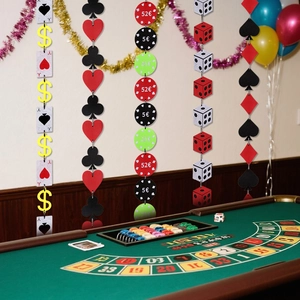 Casino party decorations set with poker cards, dice, and money chips felt garlands
