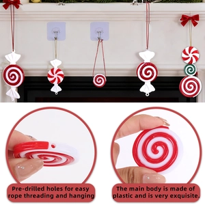 Red and white Christmas candy ornaments with pre-drilled holes for DIY holiday tree decor