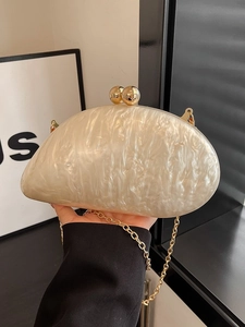 Semicircle pearl acrylic evening clutch bag with marble texture and gold chain strap