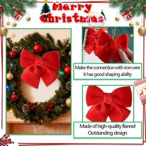 Detail of red flannel Christmas bow with flexible iron wire for tree and wreath decoration