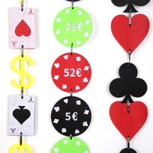 Vertical rows of casino themed felt charms with poker cards, chips and currency symbols