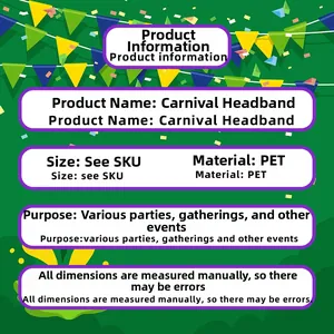 Detailed specifications table for Carnival headband showing PET material and party usage