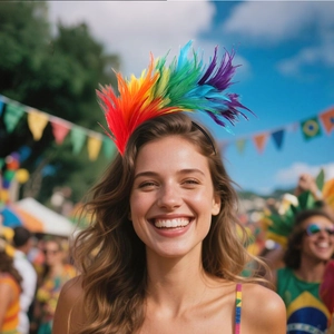Outdoor shot of a woman wearing a fluffy rainbow feather headband for carnival parties