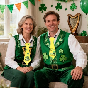 Detail van St. Patrick's Day outfit met groen klavervest en feestelijke gele stropdas