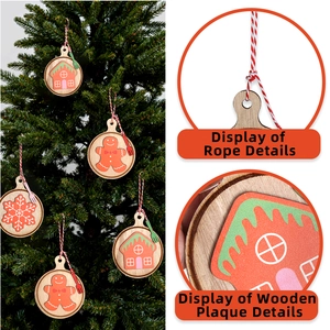 Detailed view of wooden Christmas ornaments featuring hanging rope and painted festive patterns