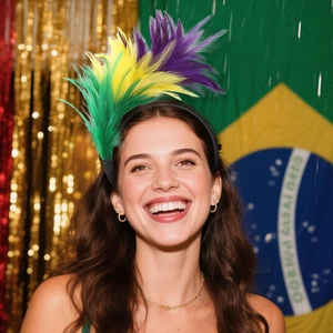 Close-up of green, yellow and purple feathers on a festive carnival party headband