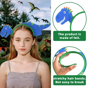Blue felt dinosaur headband detail showing flexible green band and sawtooth back fin