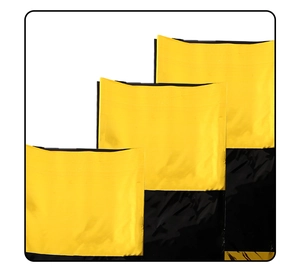 Three sizes of metallic yellow and black striped waterproof plastic tablecloth packaging