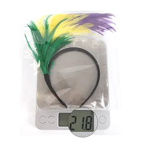 Detailed view of colorful carnival feather headband on scale weighing 21.8g