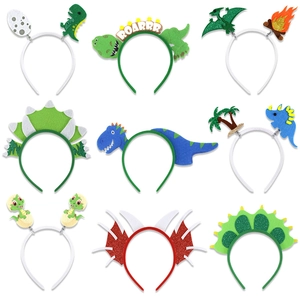 Detailed grid of nine felt dinosaur headbands featuring T-Rex, eggs and palm trees