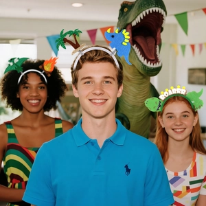 Kids dinosaur party headbands featuring colorful felt cartoon motifs and ROARRR text