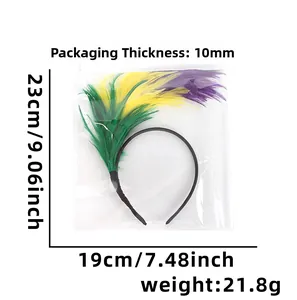 Detail view of carnival feather headband featuring green, gold, and purple feathers