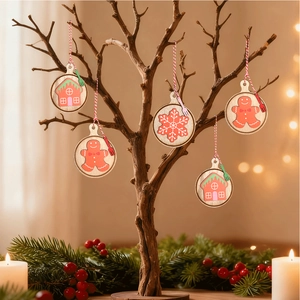 Rustic wooden Christmas ornaments set with gingerbread man and snowflake hanging on a dry branch