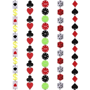 Las Vegas casino party decorations with poker cards, dice, and colorful poker chips hangings