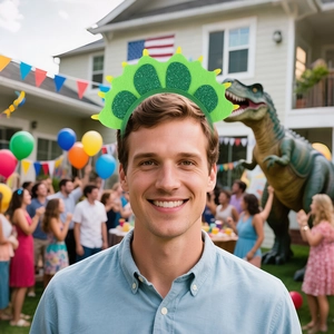 Close-up of a green felt dinosaur headband with sequins worn at an outdoor party