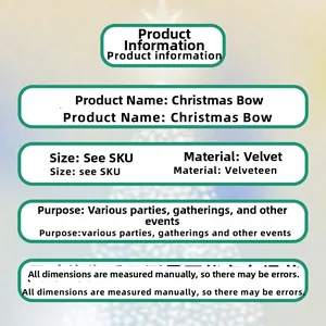 Detail showing red velveteen Christmas bow specifications and material info